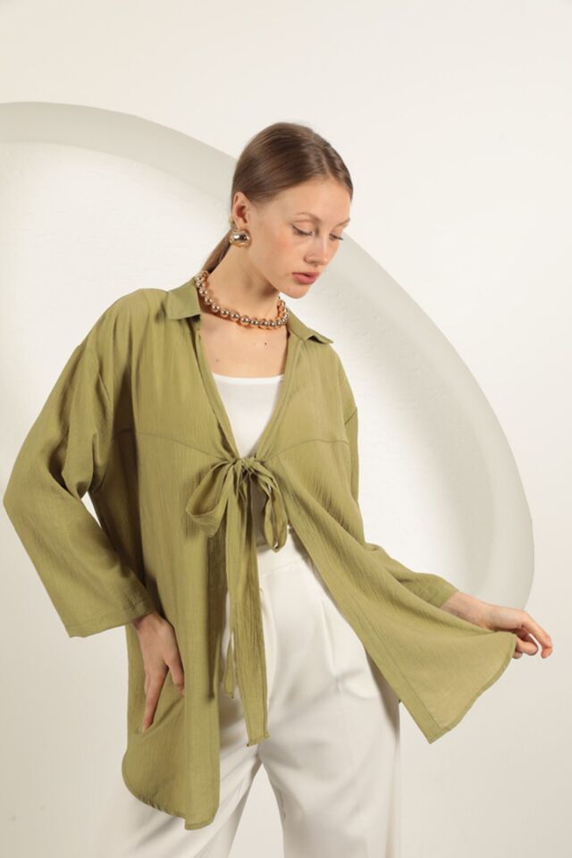 Ağaç Kabuğu Kumaş Kimono-Haki