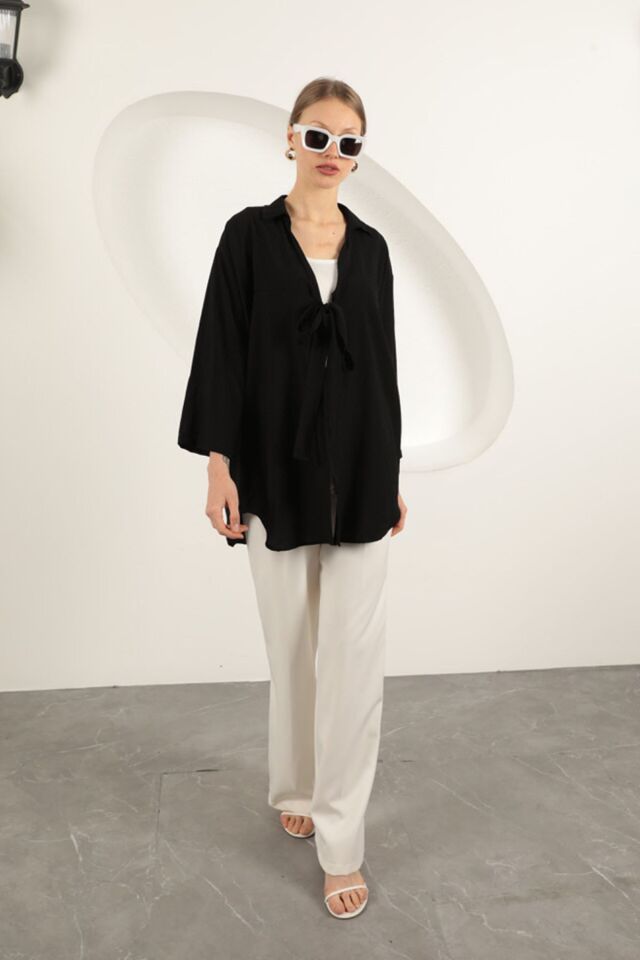 Ağaç Kabuğu Kumaş Kimono-Siyah
