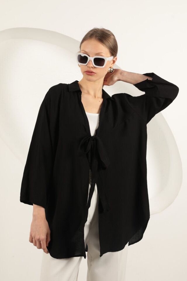 Ağaç Kabuğu Kumaş Kimono-Siyah